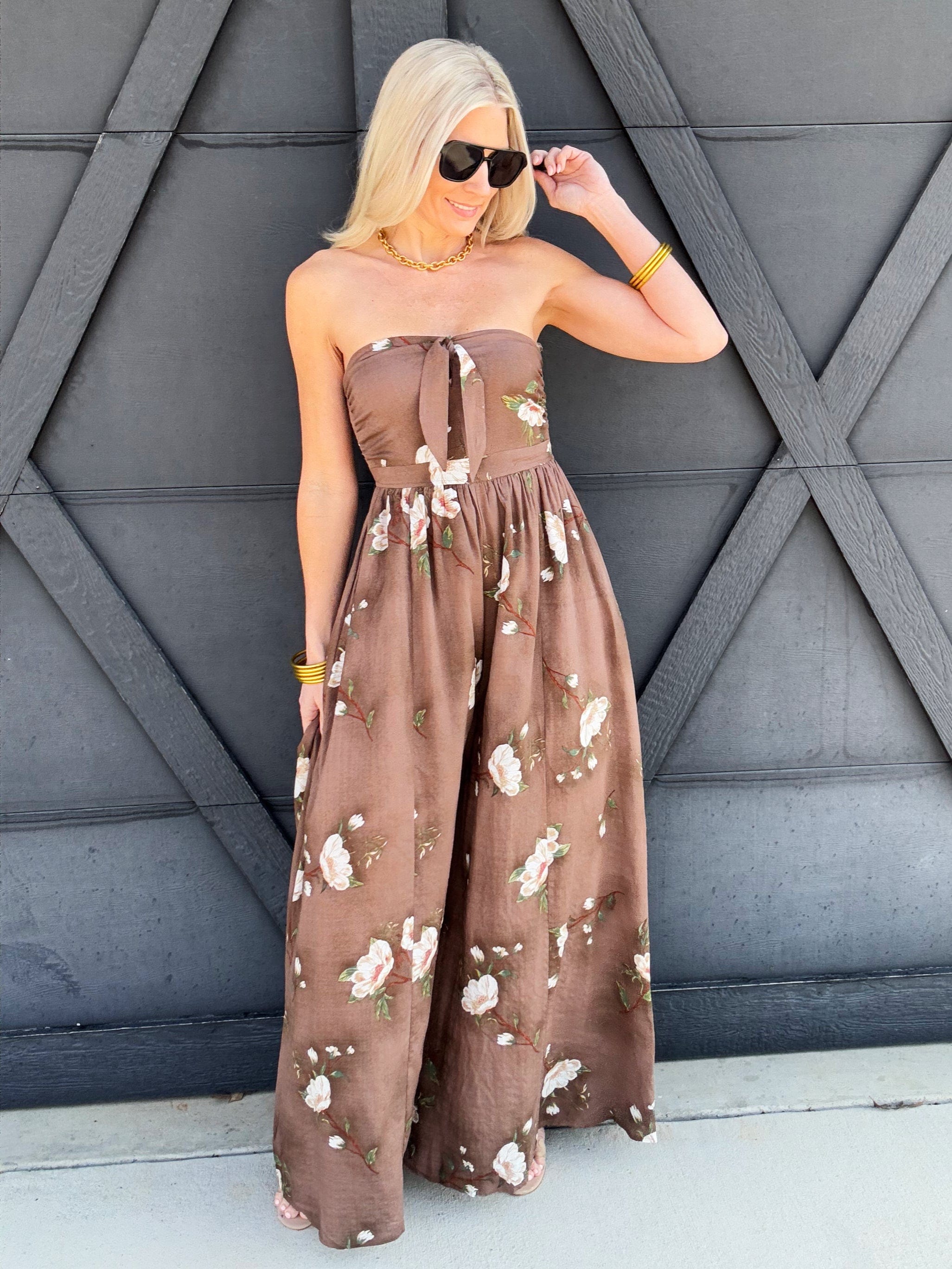 Floral Strapless Jumpsuit In Brown - Infinity Raine