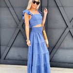 Ruffled Tiered Skirt Set In Blue - Infinity Raine