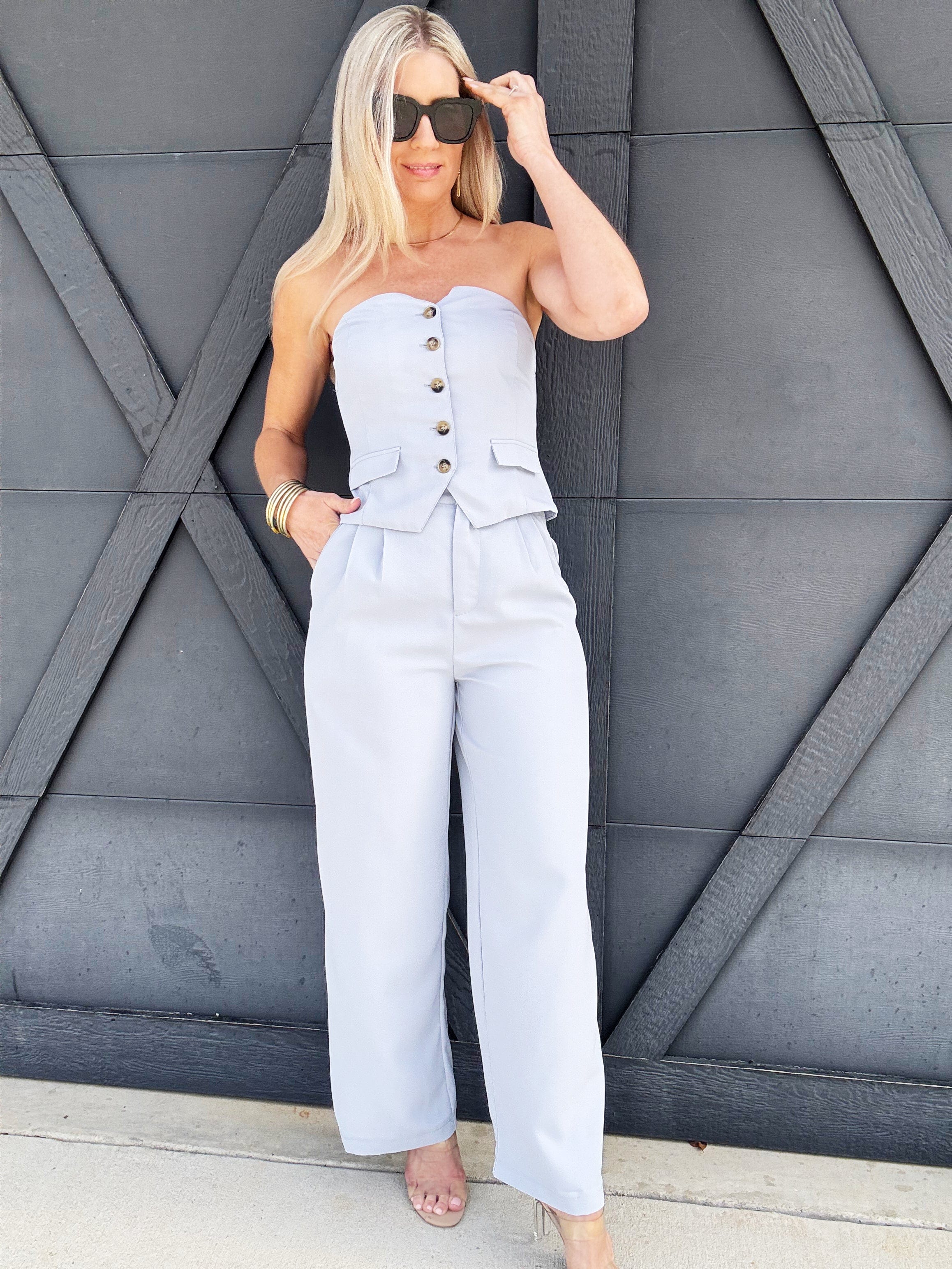 Strapless Business Pant Set In Light Blue - Infinity Raine