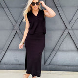 V-Neck Knit Tank Skirt Set In Black - Infinity Raine