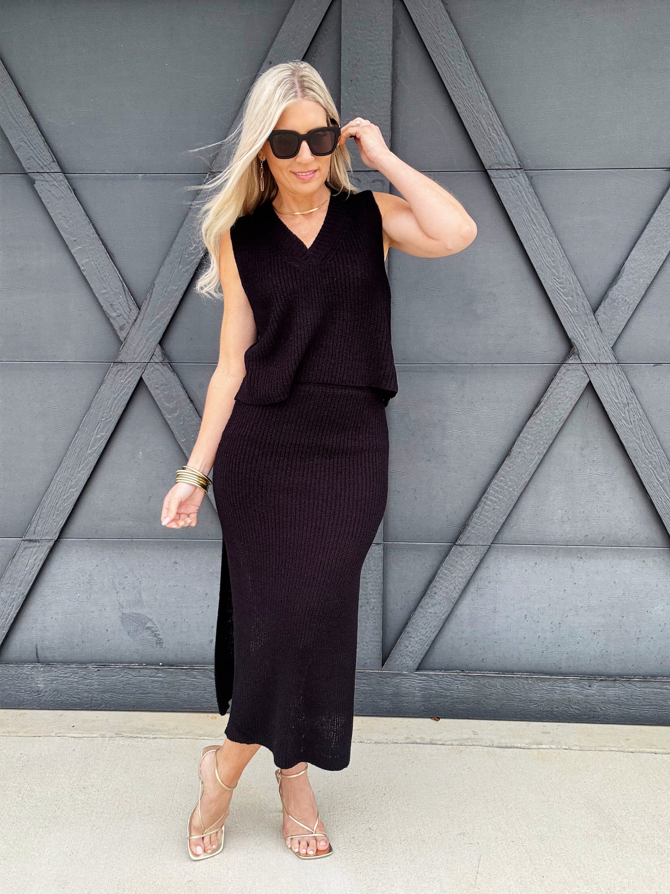 V-Neck Knit Tank Skirt Set In Black - Infinity Raine