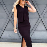 V-Neck Knit Tank Skirt Set In Black - Infinity Raine