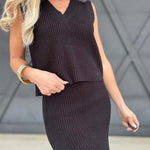 V-Neck Knit Tank Skirt Set In Black - Infinity Raine