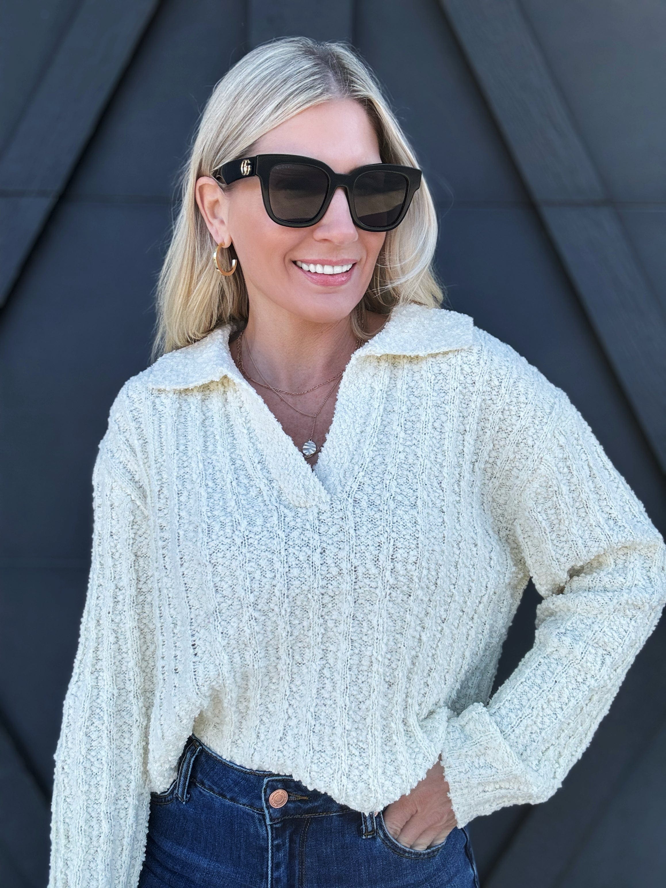 Boucle Collared Sweater In Cream - Infinity Raine