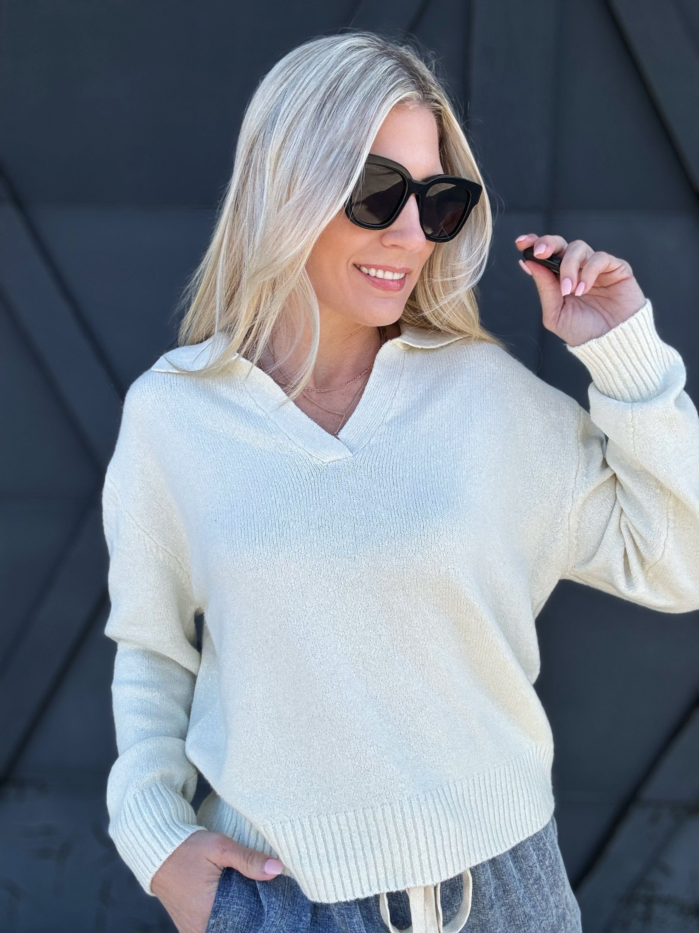 Soft knit Collared Sweater In Cream - Infinity Raine