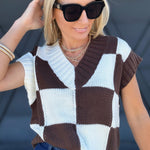 V-Neck Checkerboard Sweater Vest In Brown - Infinity Raine