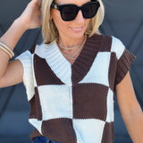 V-Neck Checkerboard Sweater Vest In Brown - Infinity Raine