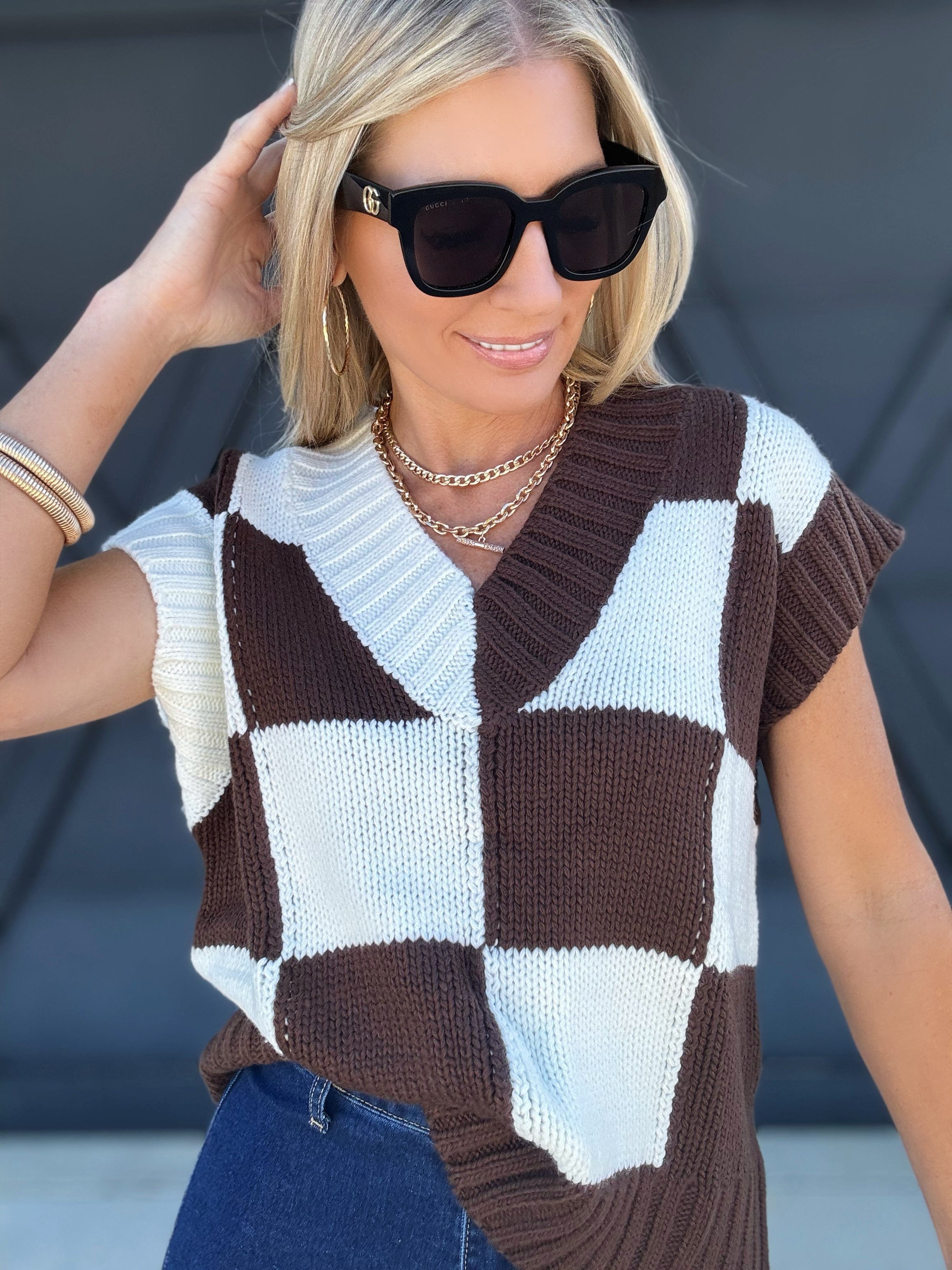 V-Neck Checkerboard Sweater Vest In Brown - Infinity Raine