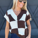 V-Neck Checkerboard Sweater Vest In Brown - Infinity Raine