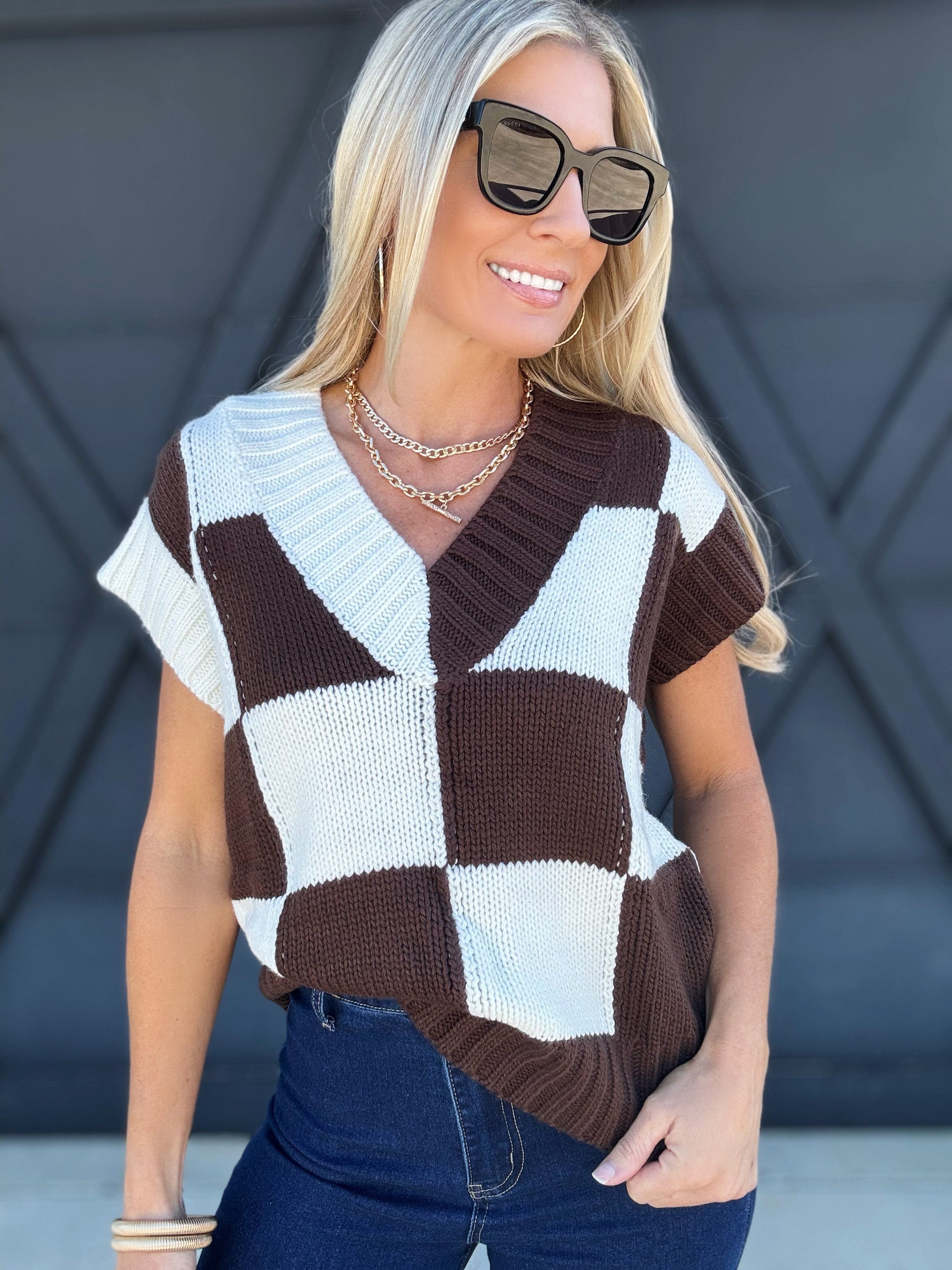 V-Neck Checkerboard Sweater Vest In Brown - Infinity Raine