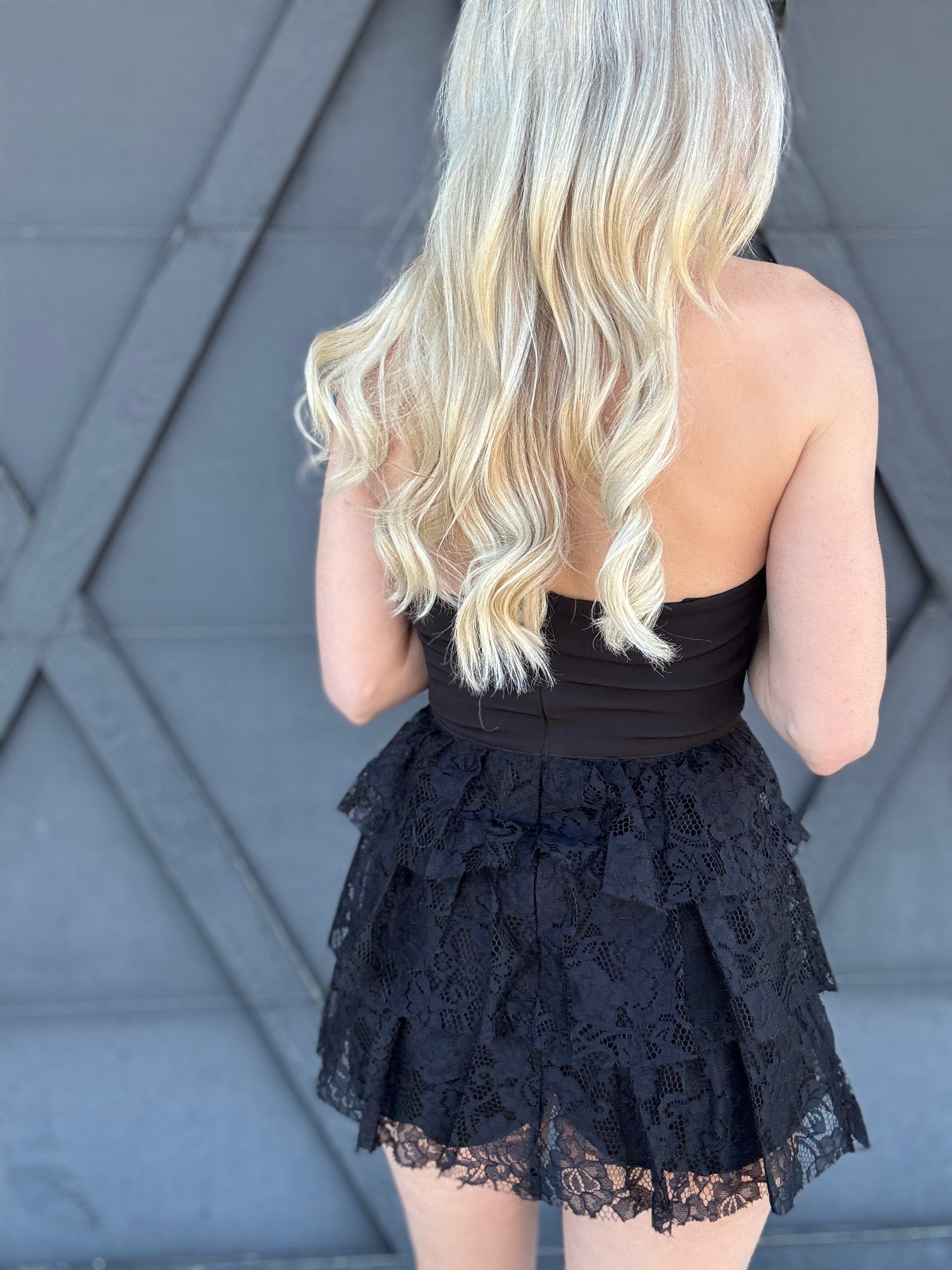 Strapless Tiered Lace Romper In Black - Infinity Raine