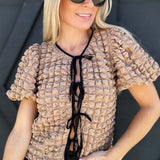 Bubble Textured Bow Tie Top In Mocha - Infinity Raine