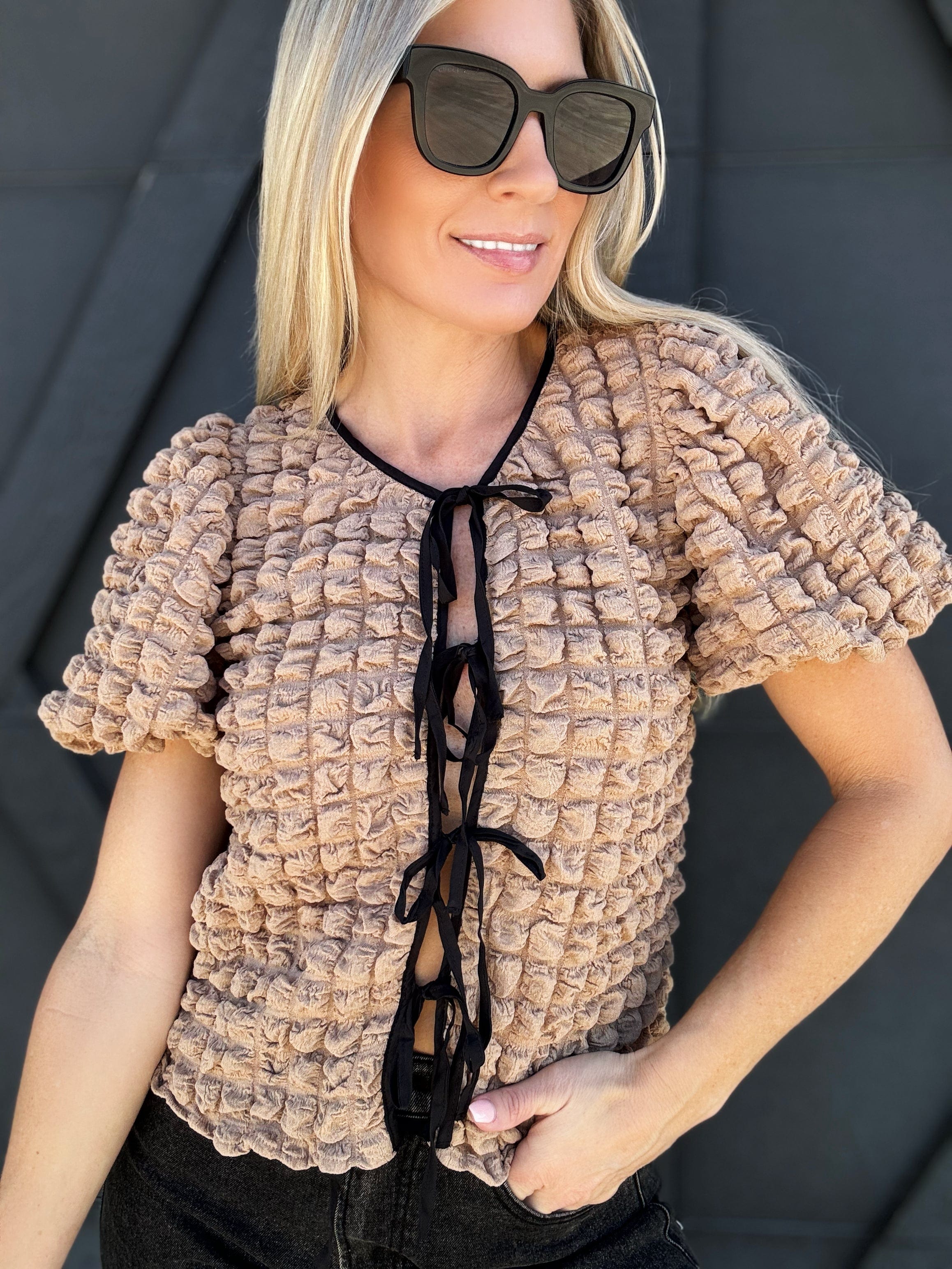 Bubble Textured Bow Tie Top In Mocha - Infinity Raine