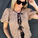 Bubble Textured Bow Tie Top In Mocha - Infinity Raine