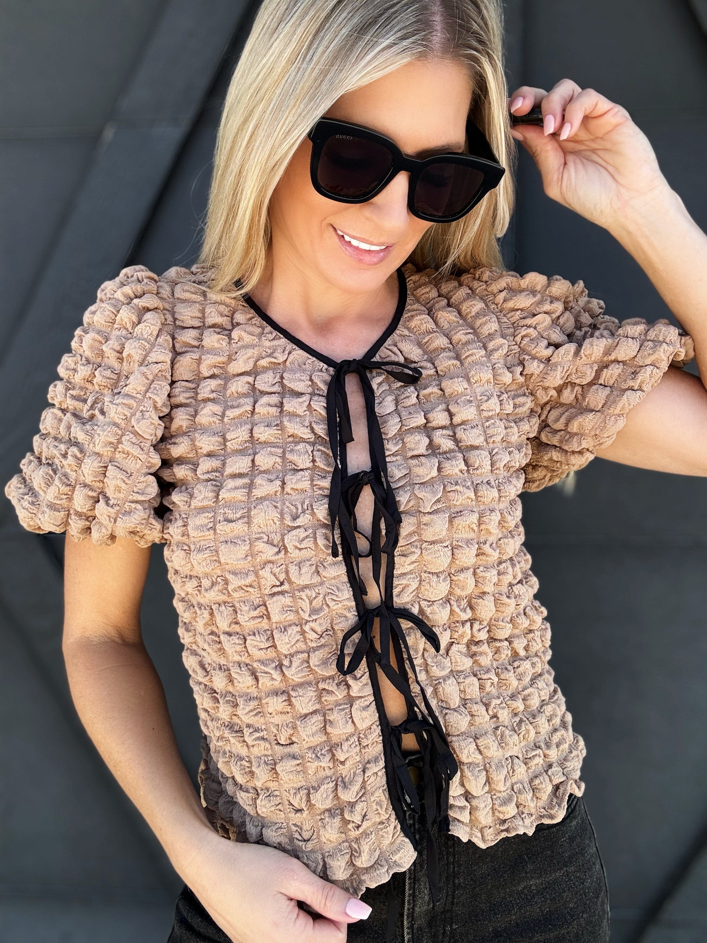 Bubble Textured Bow Tie Top In Mocha - Infinity Raine