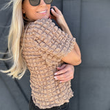 Bubble Textured Bow Tie Top In Mocha - Infinity Raine