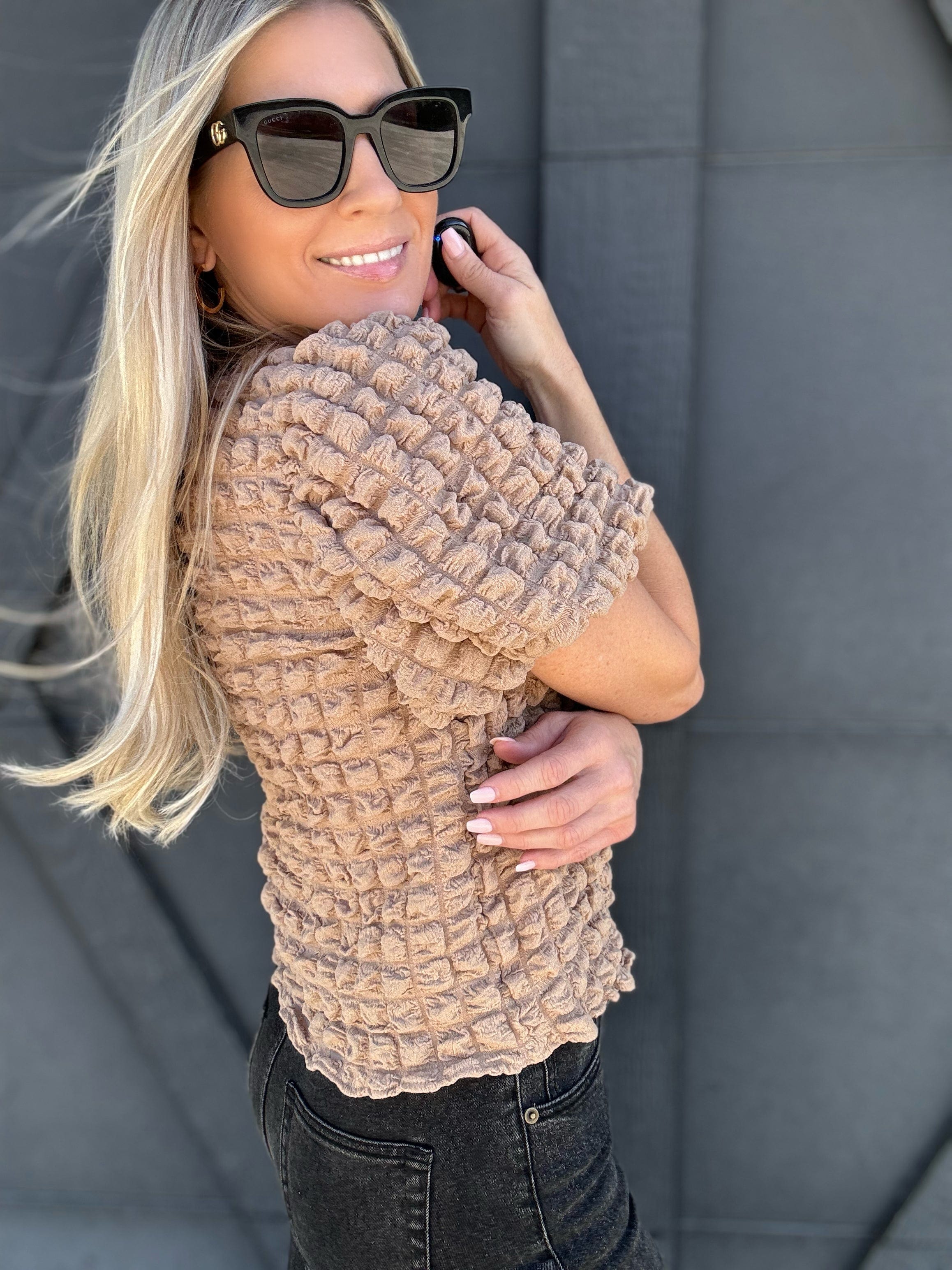 Bubble Textured Bow Tie Top In Mocha - Infinity Raine