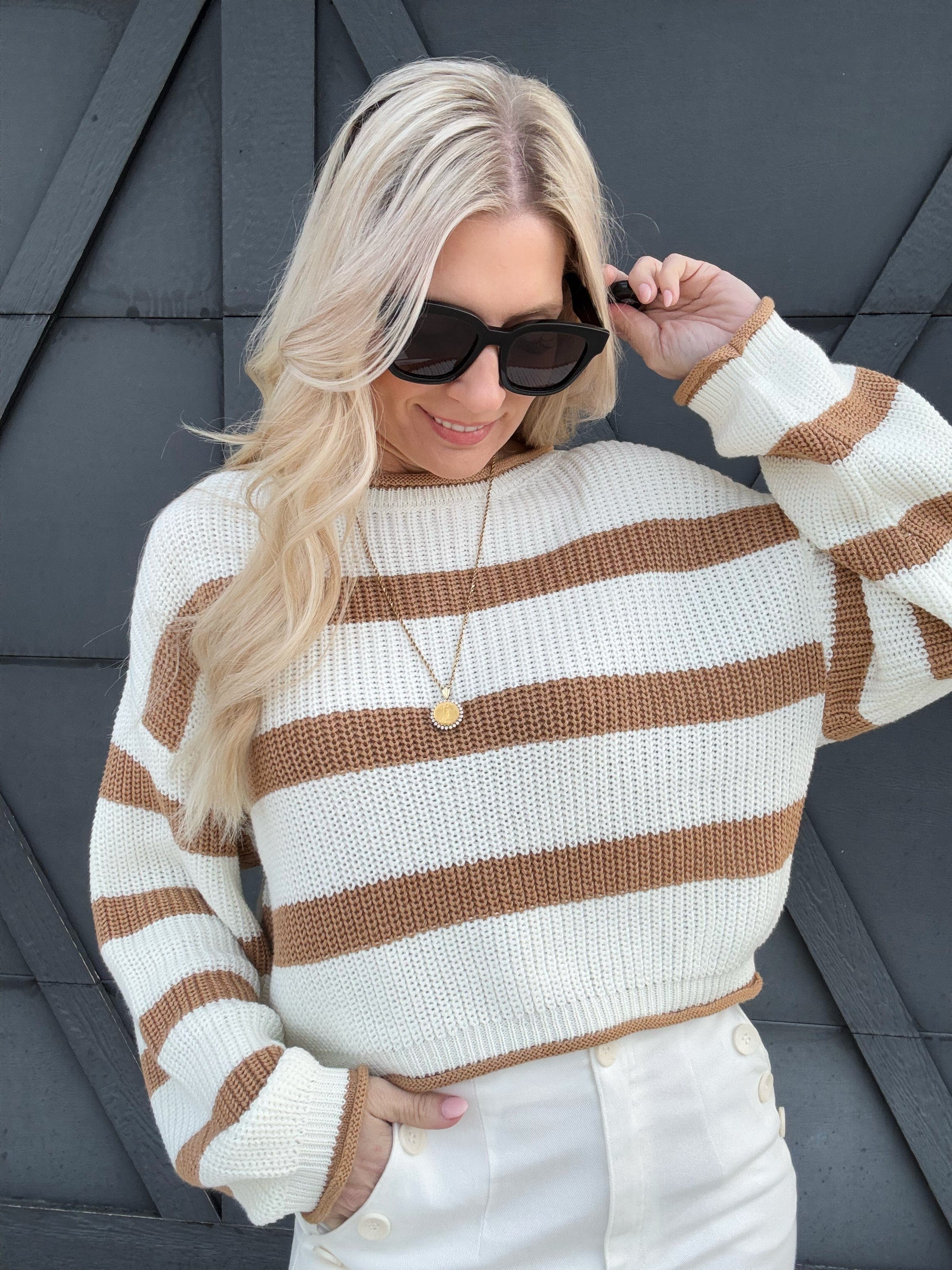 Cropped Stripe Sweater In Mocha - Infinity Raine