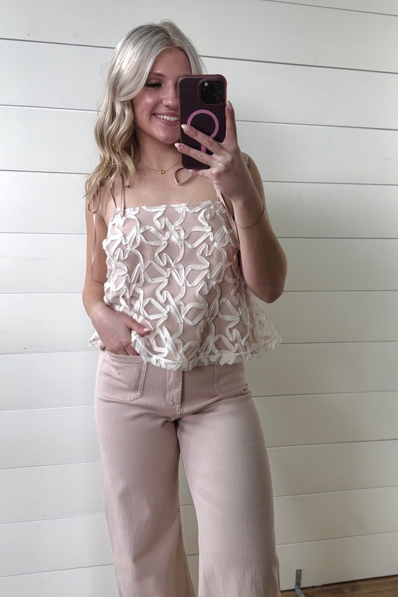 idem ditto Tops - Tanks Lace Shoulder Tie Top In Dusty Peach