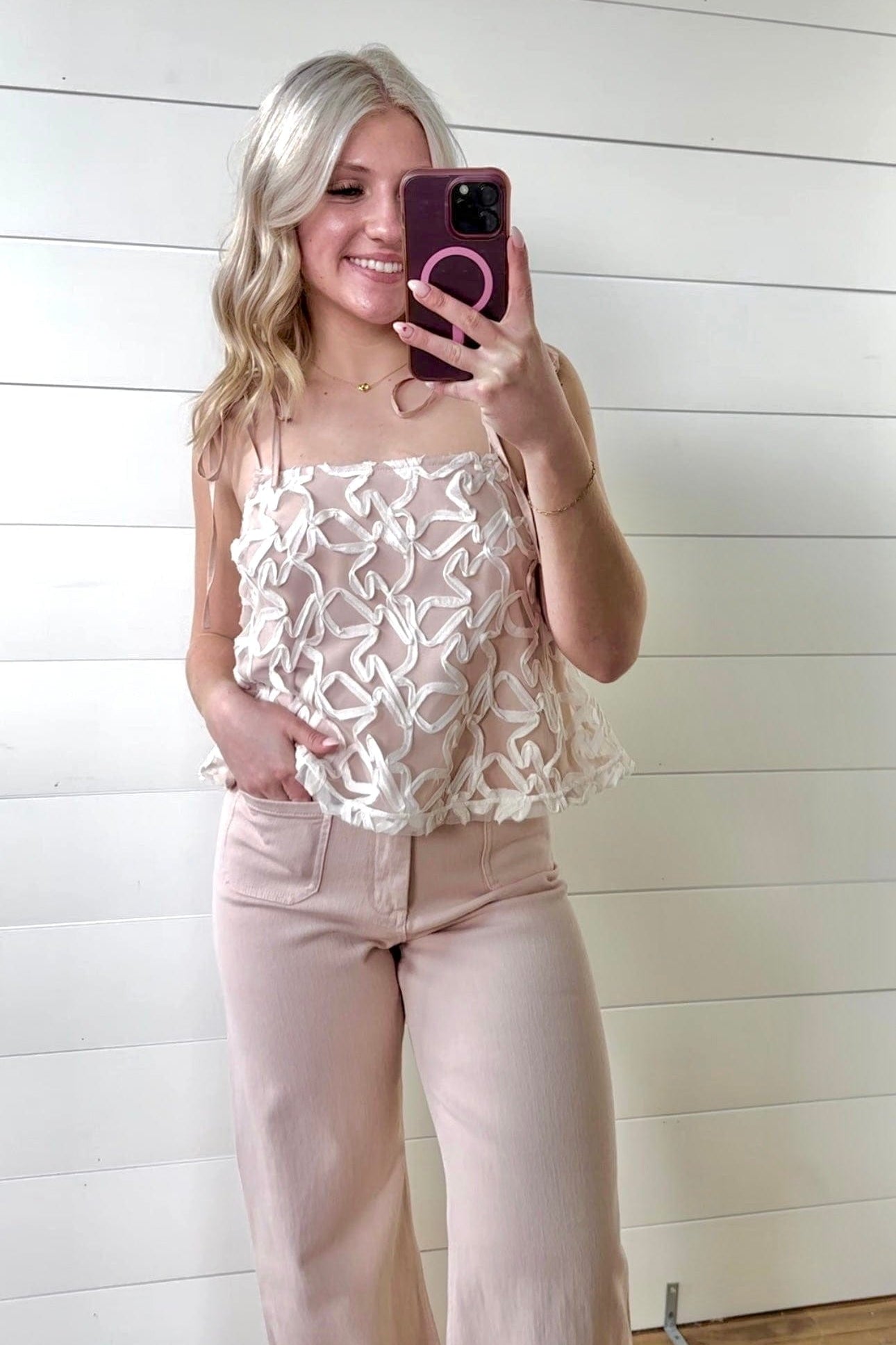 Lace Shoulder Tie Top In Dusty Peach - Infinity Raine