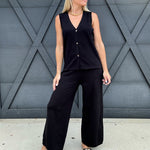 Button Down Sweater Vest Pant Set In Black - Infinity Raine