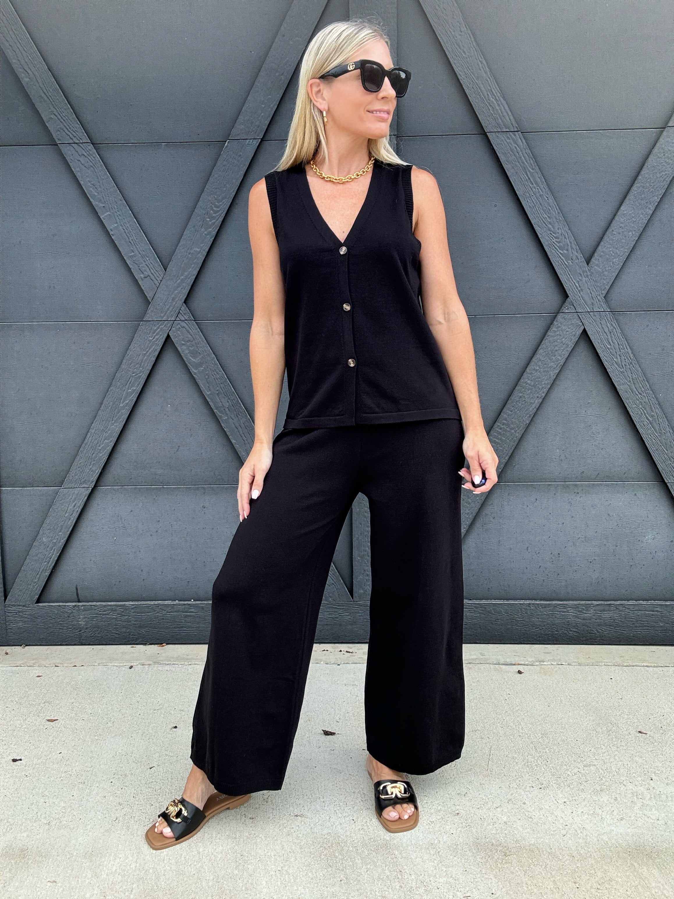 Button Down Sweater Vest Pant Set In Black - Infinity Raine