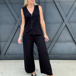 Button Down Sweater Vest Pant Set In Black - Infinity Raine