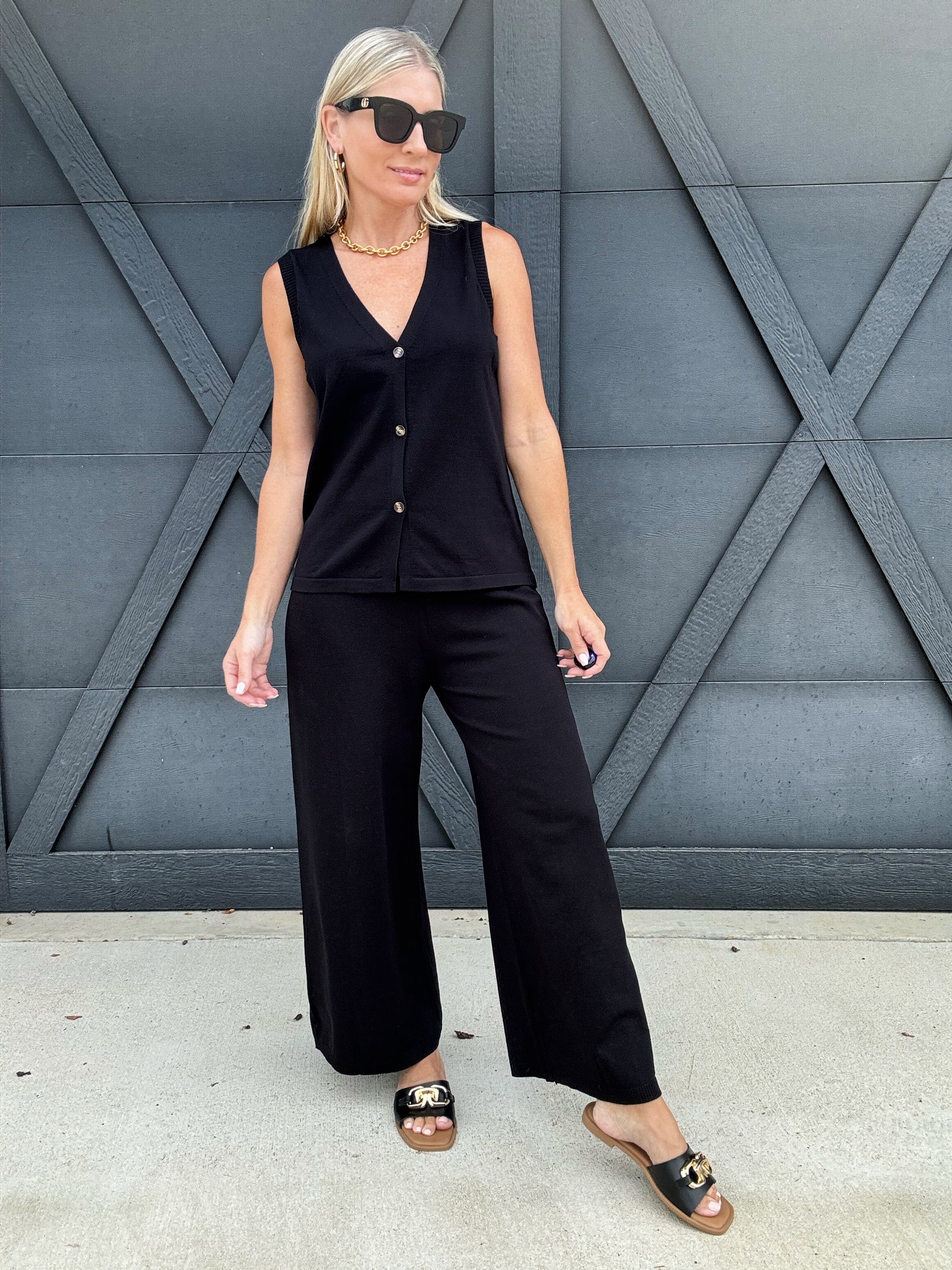 Button Down Sweater Vest Pant Set In Black - Infinity Raine