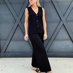 Button Down Sweater Vest Pant Set In Black - Infinity Raine