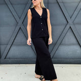 Button Down Sweater Vest Pant Set In Black - Infinity Raine