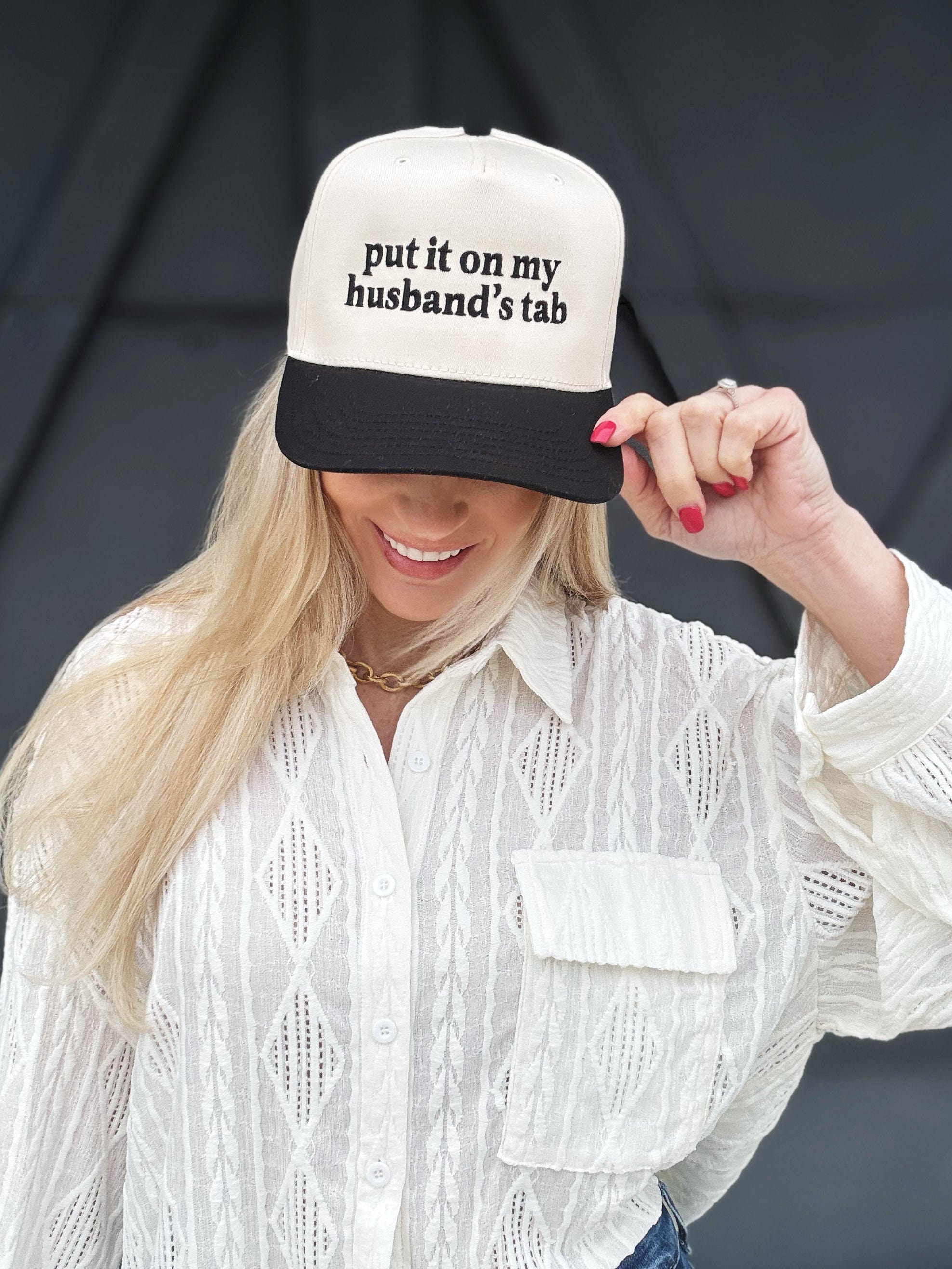 Put It On My Husbands Tab Trucker Hat - Infinity Raine