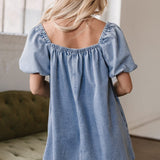 Bubble Sleeve Square Neck Dress In Denim - Infinity Raine