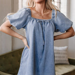 Bubble Sleeve Square Neck Dress In Denim - Infinity Raine