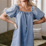 Bubble Sleeve Square Neck Dress In Denim - Infinity Raine