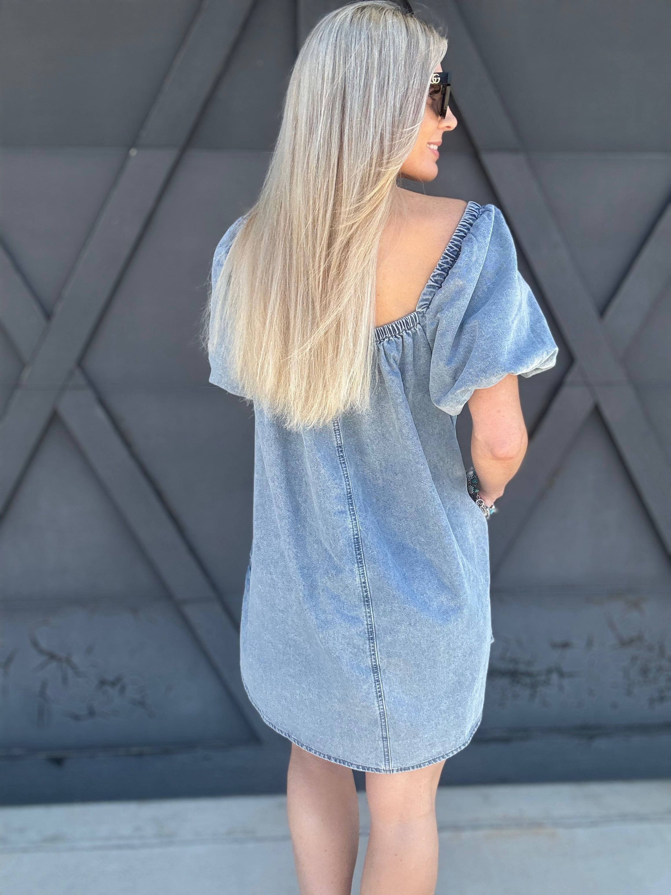 Kentce Dresses Bubble Sleeve Square Neck Dress In Denim