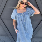 Kentce Dresses Bubble Sleeve Square Neck Dress In Denim