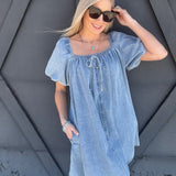 Kentce Dresses Bubble Sleeve Square Neck Dress In Denim