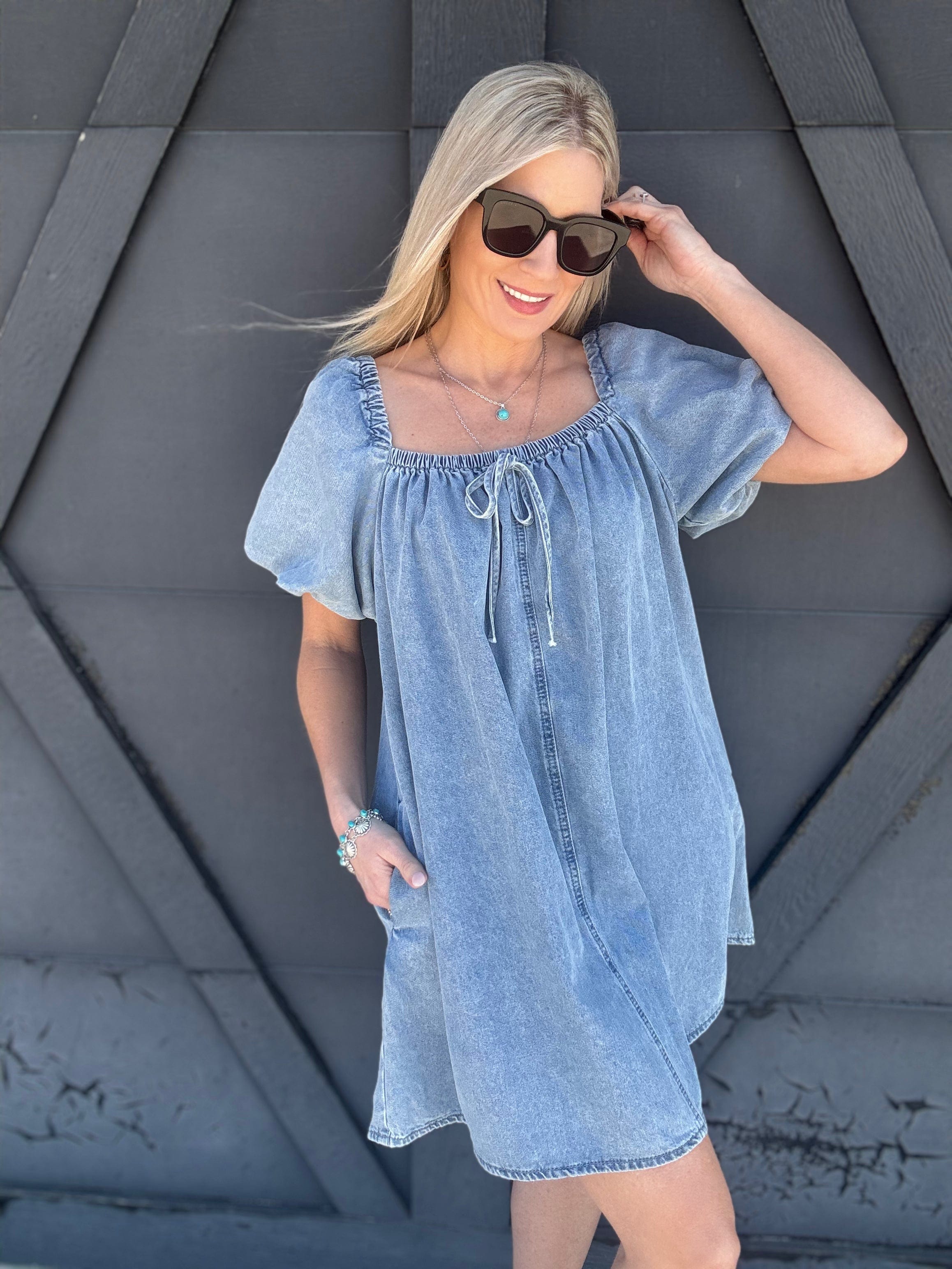 Kentce Dresses Bubble Sleeve Square Neck Dress In Denim