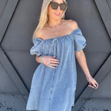 Kentce Dresses Bubble Sleeve Square Neck Dress In Denim