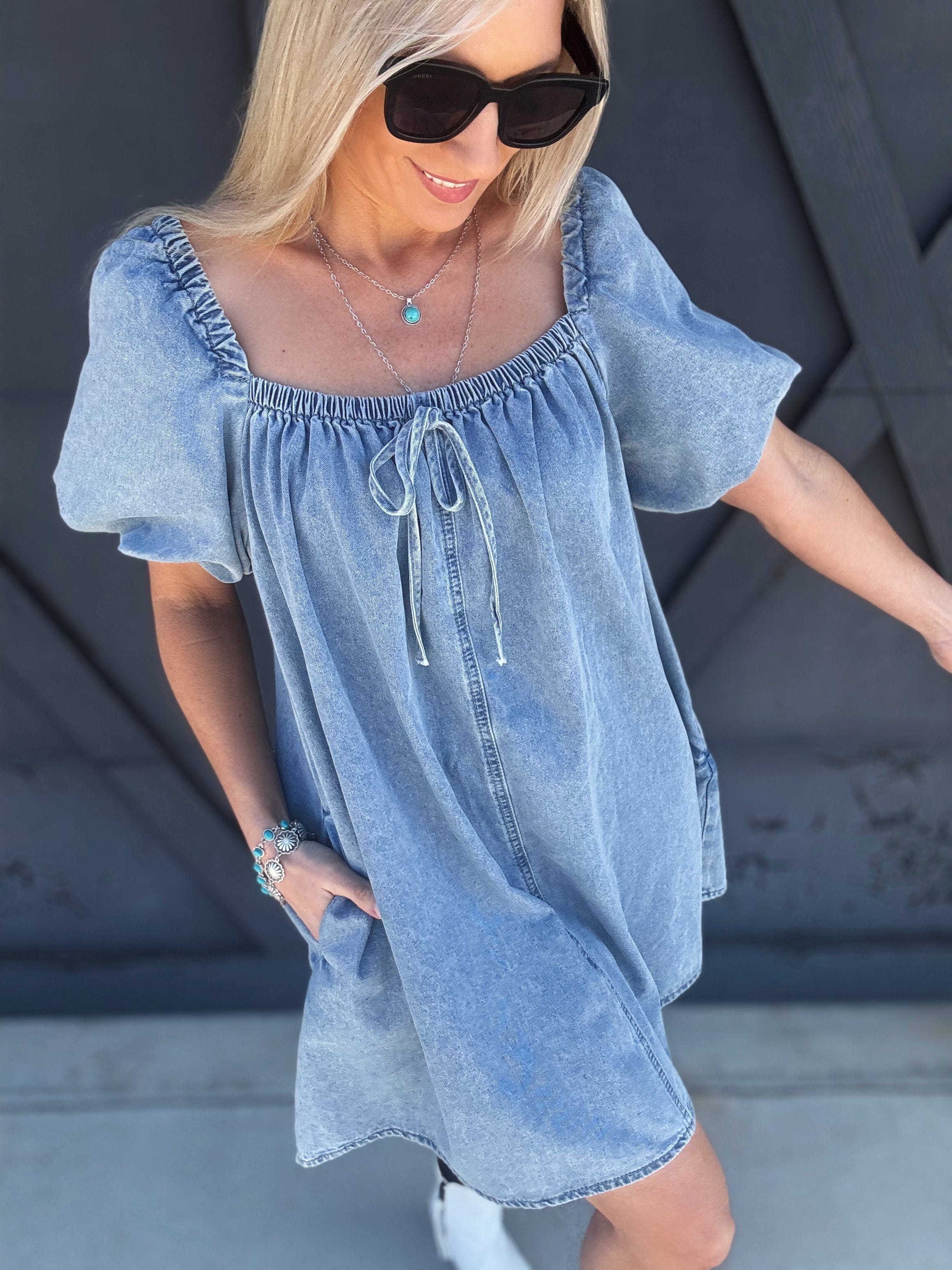 Bubble Sleeve Square Neck Dress In Denim - Infinity Raine