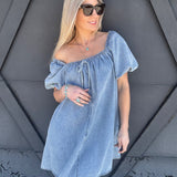 Kentce Dresses Bubble Sleeve Square Neck Dress In Denim