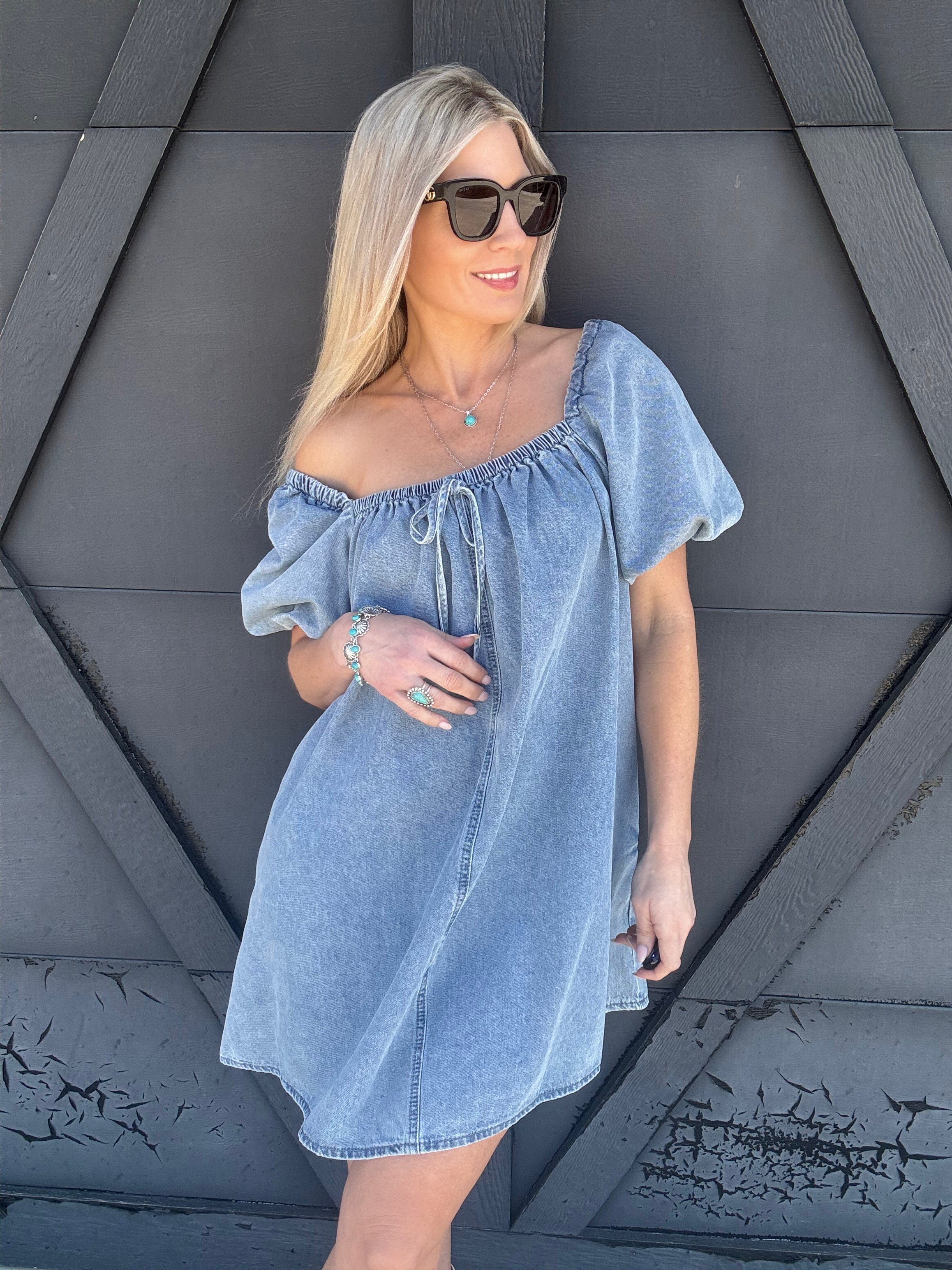 Bubble Sleeve Square Neck Dress In Denim - Infinity Raine