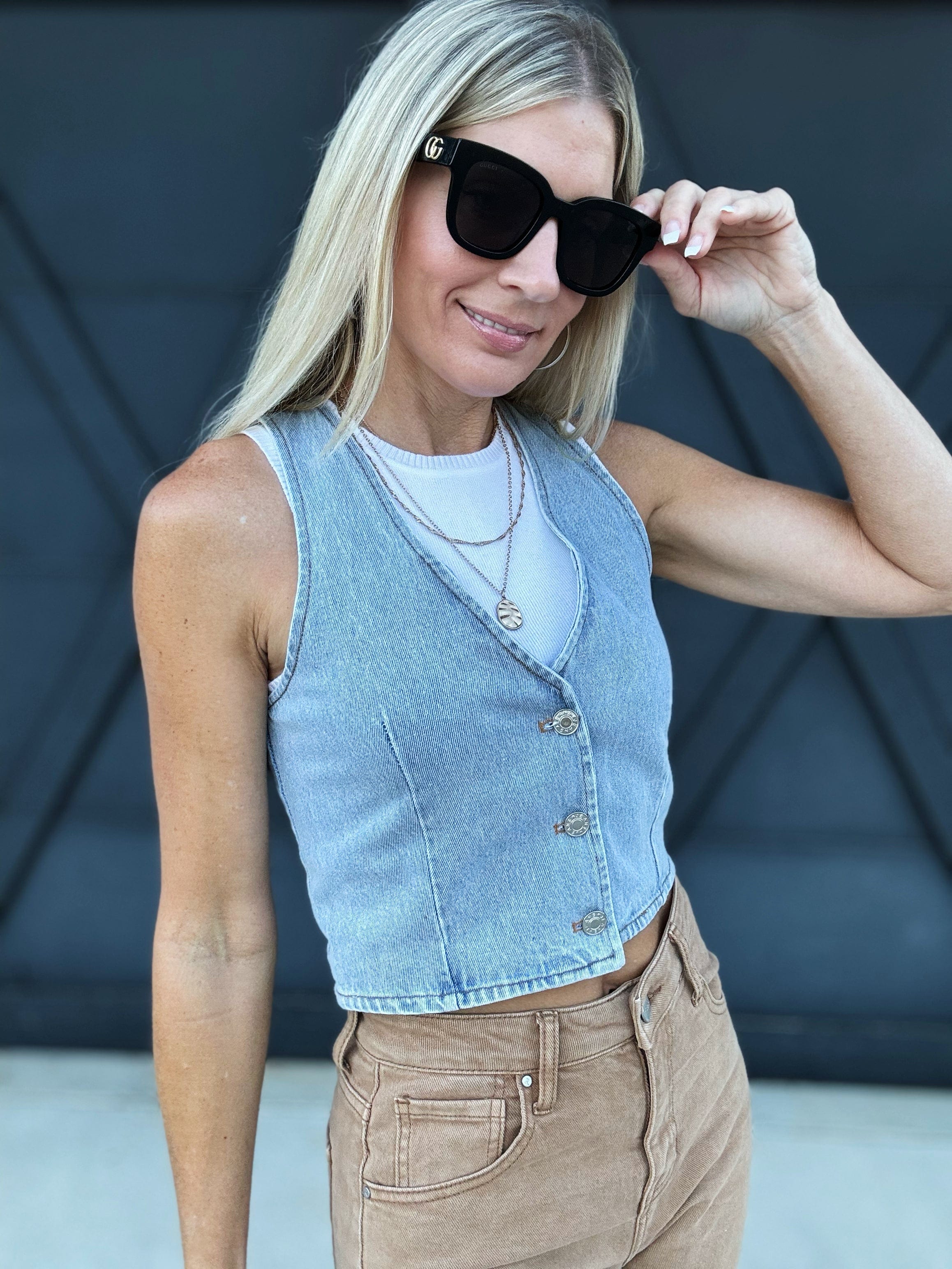 Denim Button Crop Vest In Blue - Infinity Raine