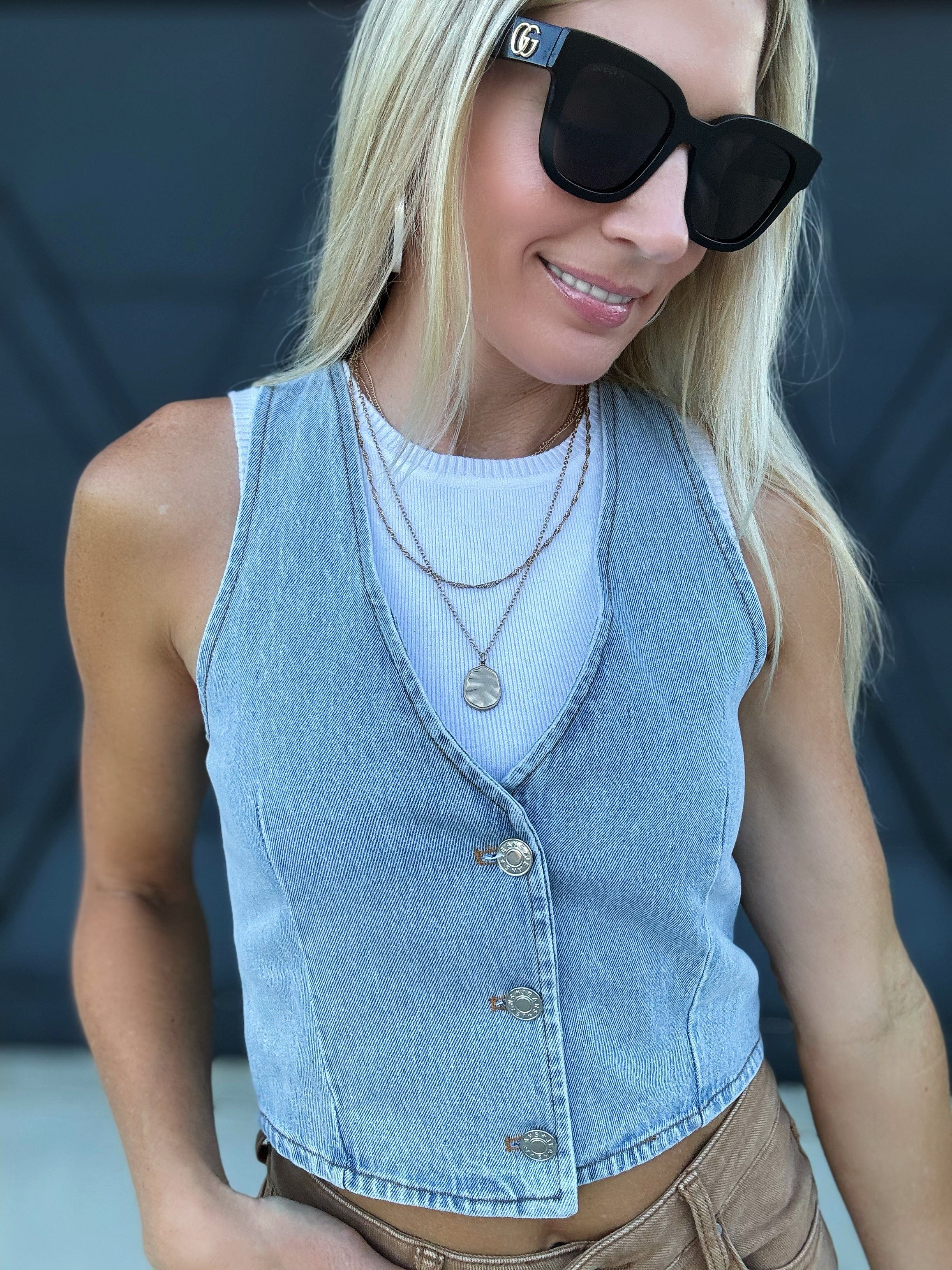 Denim Button Crop Vest In Blue - Infinity Raine