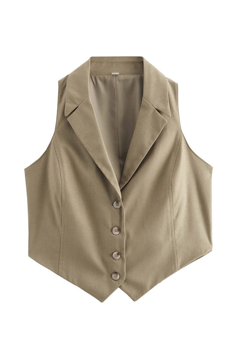 Lapel Strappy Back Tie Crop Vest In Brown Olive - Infinity Raine