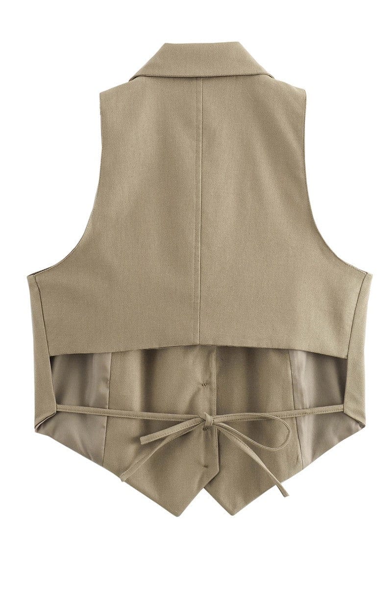 Lapel Strappy Back Tie Crop Vest In Brown Olive - Infinity Raine