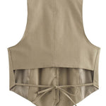 Lapel Strappy Back Tie Crop Vest In Brown Olive - Infinity Raine