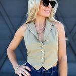 Lapel Strappy Back Tie Crop Vest In Brown Olive - Infinity Raine