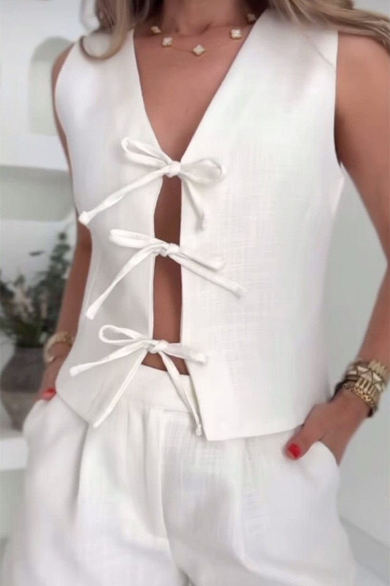 Bow Tie Front Elastic Strappy Vest In White - Infinity Raine