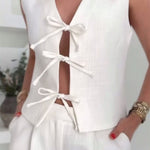 Bow Tie Front Elastic Strappy Vest In White - Infinity Raine